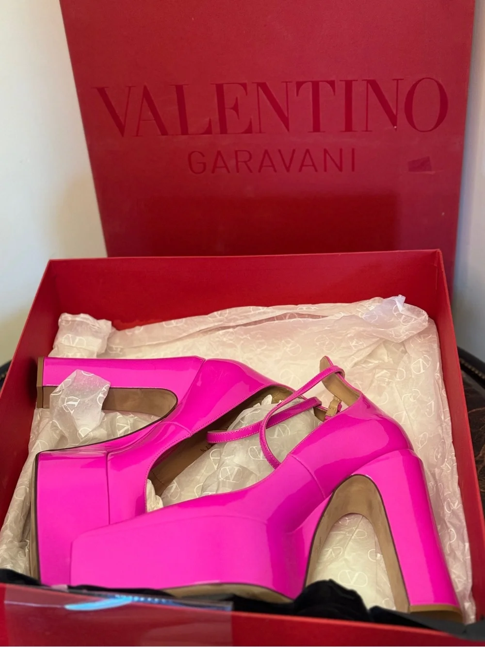 Valentino Garavani Pink PP Patent Leather Ankle Strap Pumps